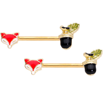 14 Gauge 9/16 Gold Tone Fox and Acorn Barbell Nipple Ring Set