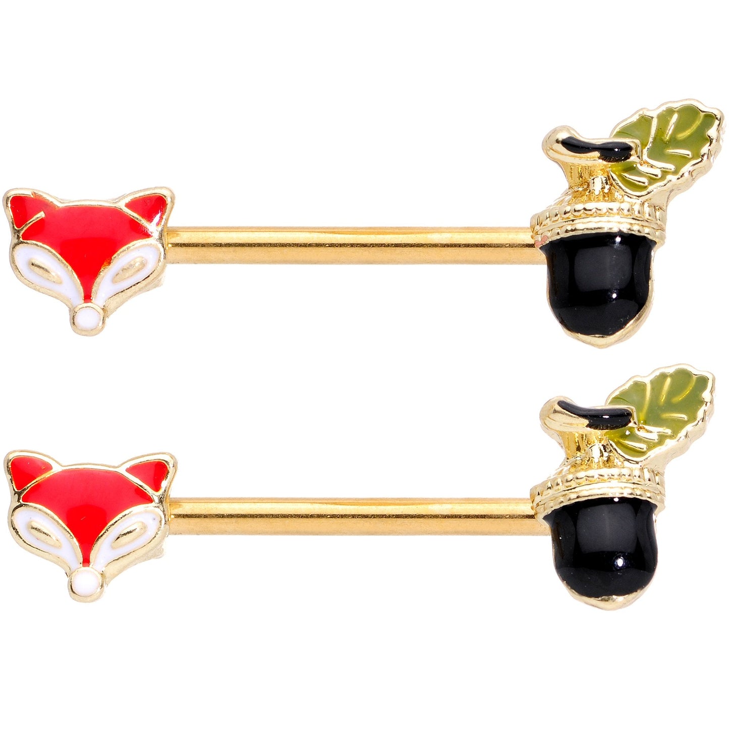 14 Gauge 9/16 Gold Tone Fox and Acorn Barbell Nipple Ring Set