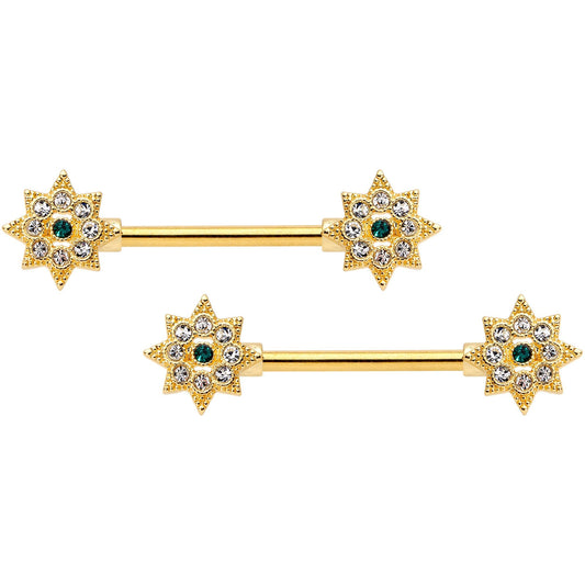 14 Gauge 9/16 Clear Green CZ Gem Starburst Nipple Ring Set