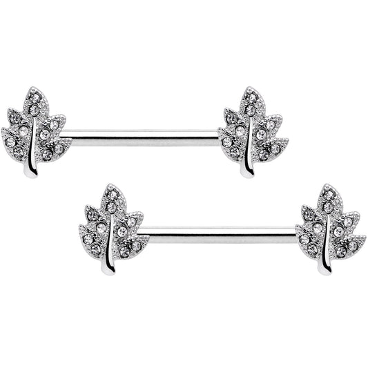 14 Gauge 9/16 Clear Gem Maple Leaf Barbell Nipple Ring Set