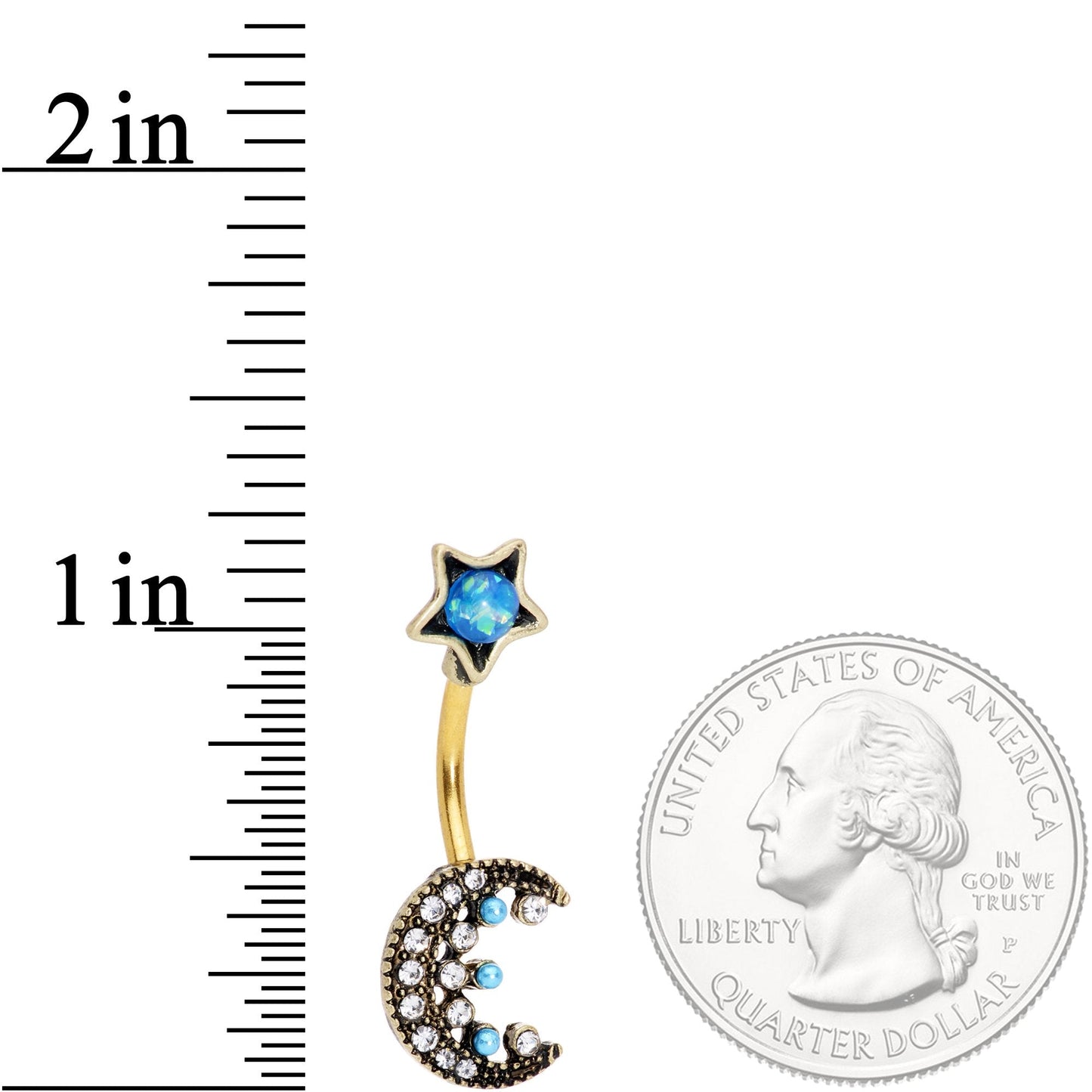 Aqua Faux Opal Gold Tone Orb Crescent Moon Reversible Belly Ring