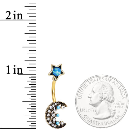 Aqua Faux Opal Gold Tone Orb Crescent Moon Reversible Belly Ring