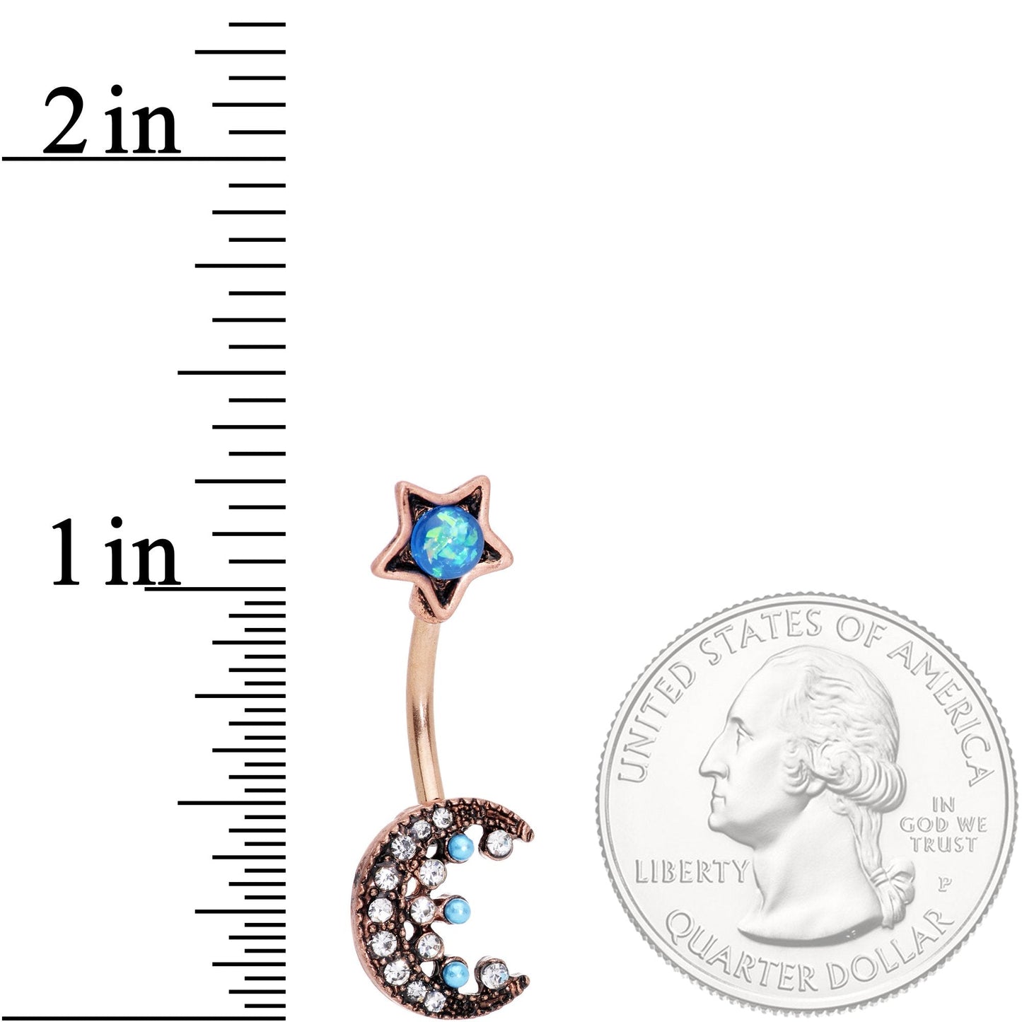 Aqua Faux Opal Rose Gold Tone Orb Crescent Moon Reversible Belly Ring