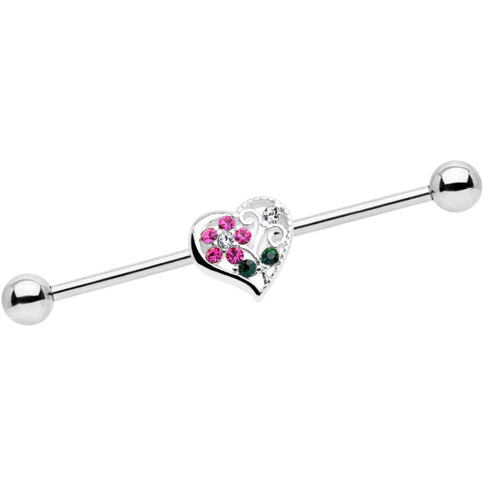 14 Gauge Clear Pink Gem Flower Heart Barbell Industrial