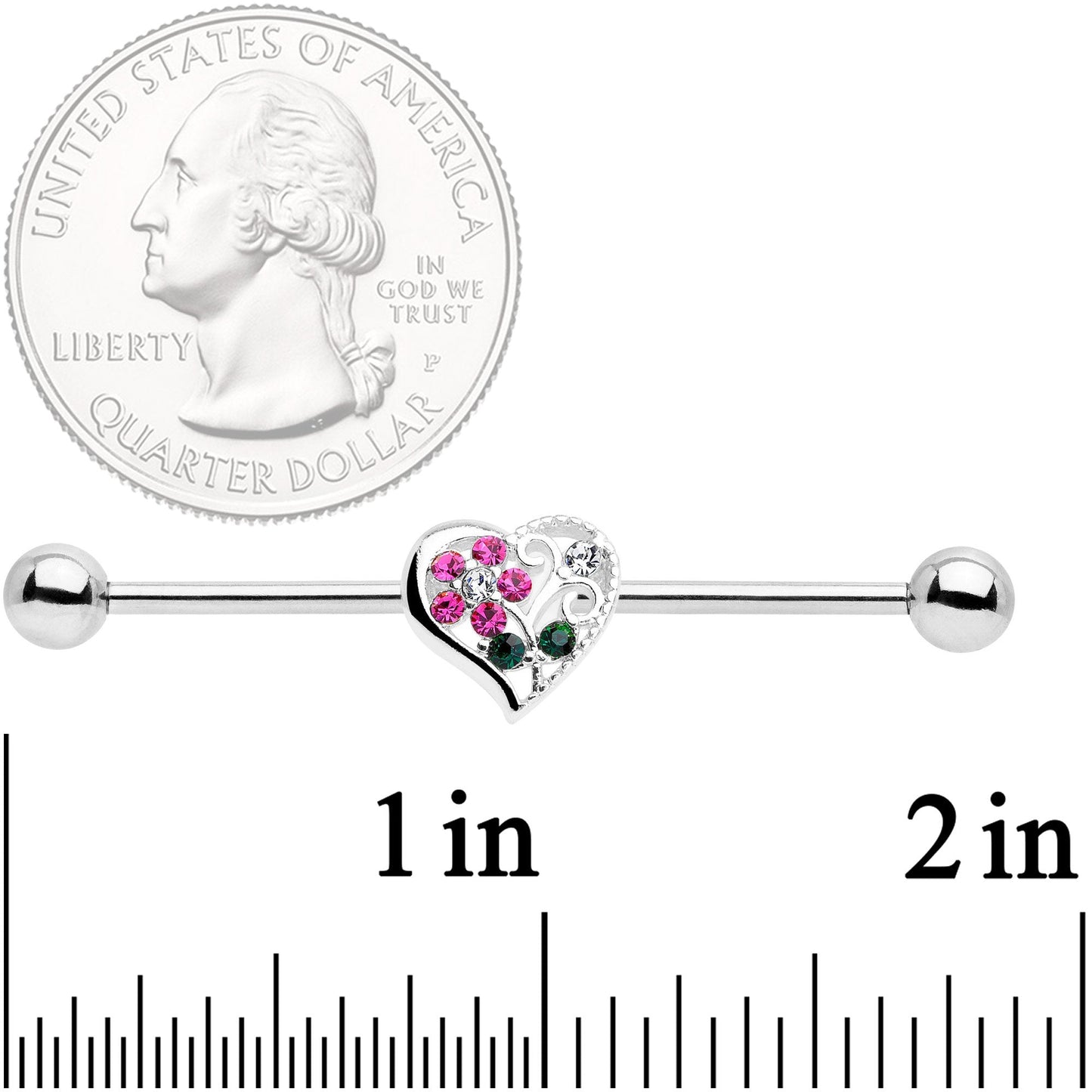 14 Gauge Clear Pink Gem Flower Heart Barbell Industrial