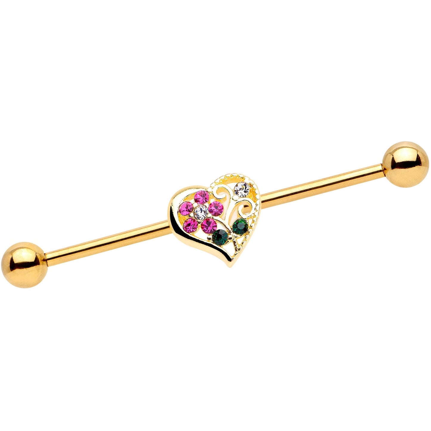 14 Gauge Clear Pink Gem Flower Heart Gold Tone Barbell Industrial