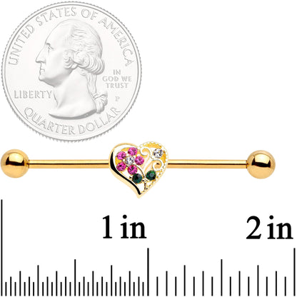 14 Gauge Clear Pink Gem Flower Heart Gold Tone Barbell Industrial