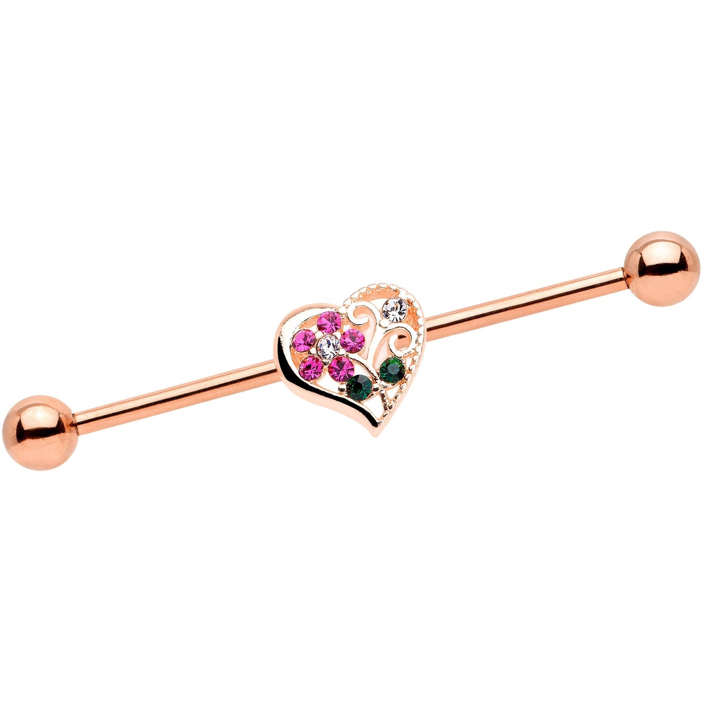 14 Gauge Clear Pink Gem Flower Heart Rose Gold Tone Barbell Industrial