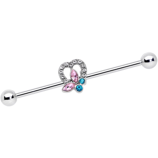 14 Gauge Pink Blue Butterfly Heart Industrial Barbell 38mm