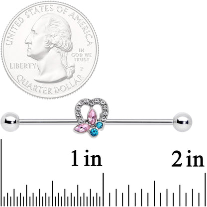 14 Gauge Pink Blue Butterfly Heart Industrial Barbell 38mm