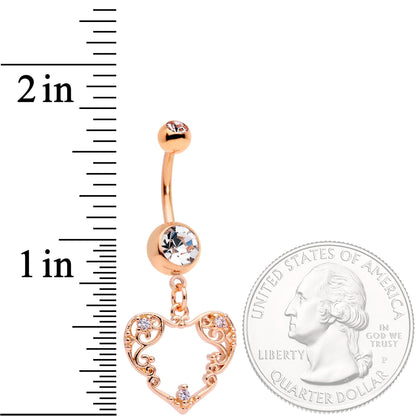 Clear CZ Gem Rose Gold Tone Scrollwork Heart Dangle Belly Ring