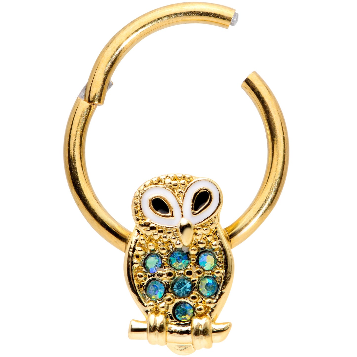 16 Gauge 3/8 Aqua Gem Gold Tone Barn Owl Hinged Segment Ring