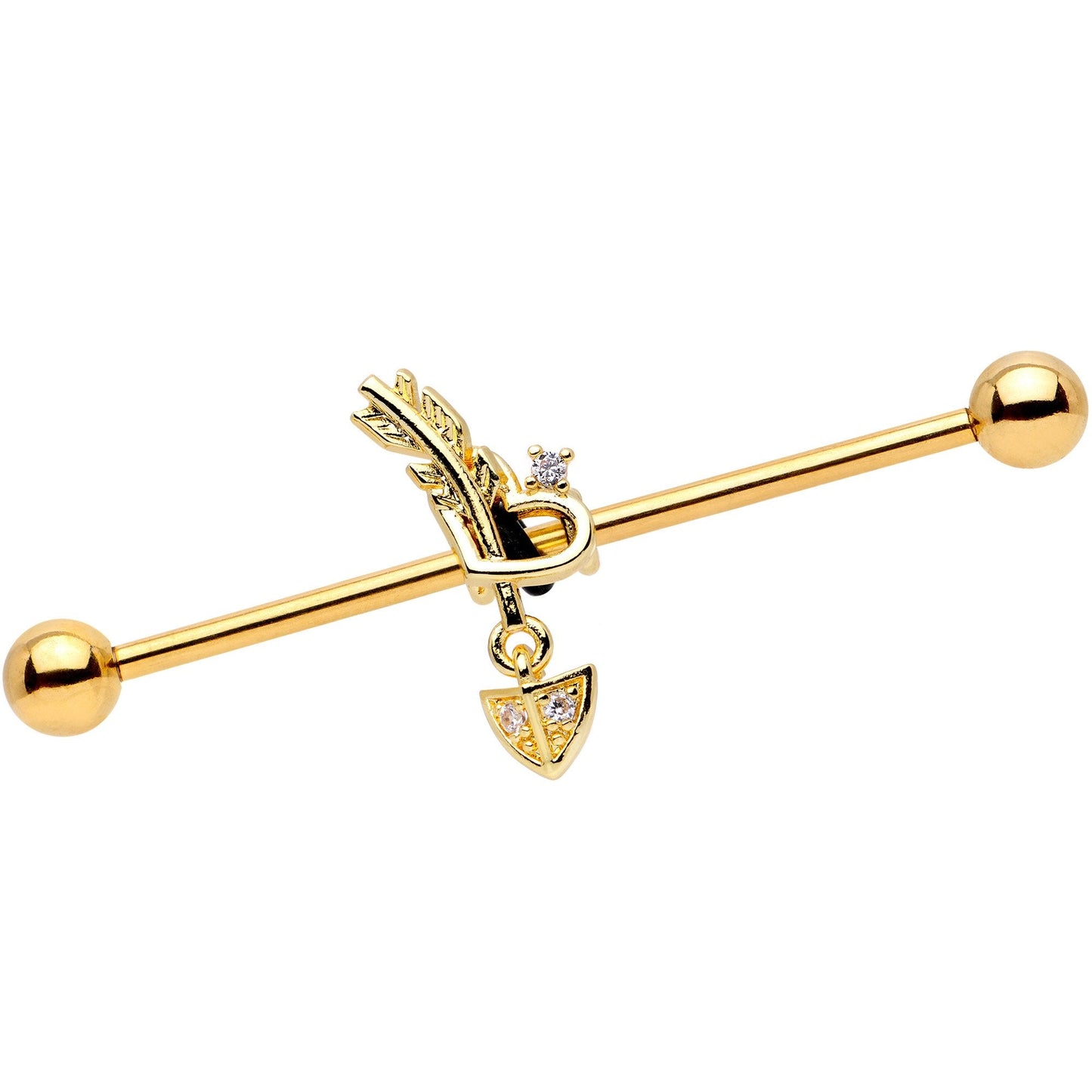 14 Gauge Clear CZ Gem Gold Tone Open Heart Arrow Industrial Barbell