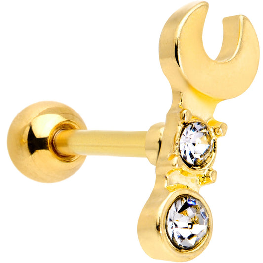 16 Gauge 1/4 Clear CZ Gem Gold Tone Crescent Wrench Cartilage Tragus