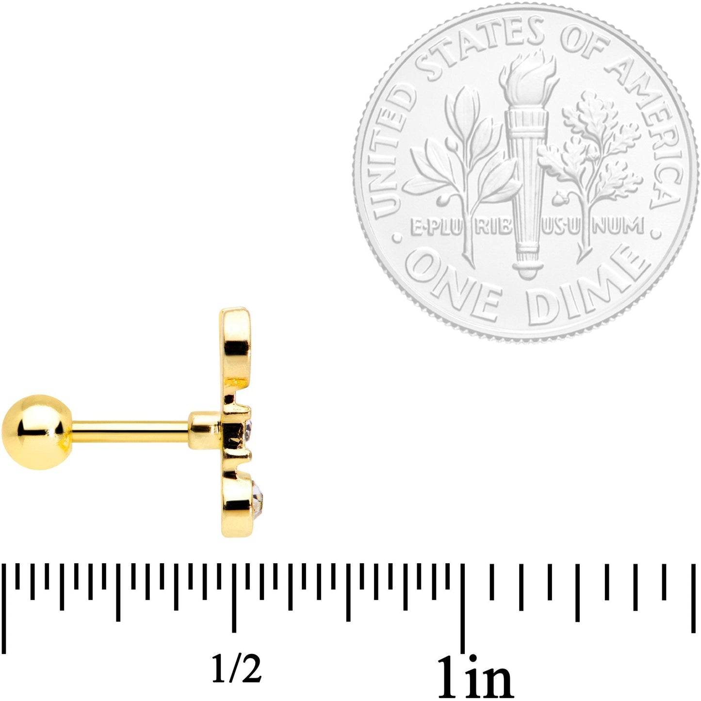 16 Gauge 1/4 Clear CZ Gem Gold Tone Crescent Wrench Cartilage Tragus