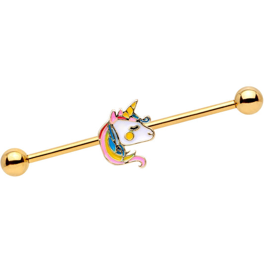 14 Gauge Gold Tone Pastel Unicorn Industrial Barbell 38mm