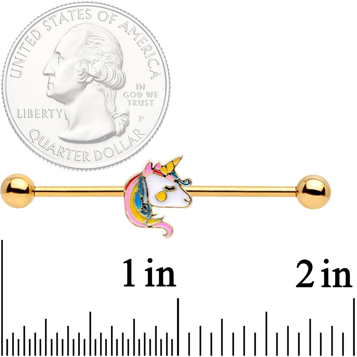 14 Gauge Gold Tone Pastel Unicorn Industrial Barbell 38mm