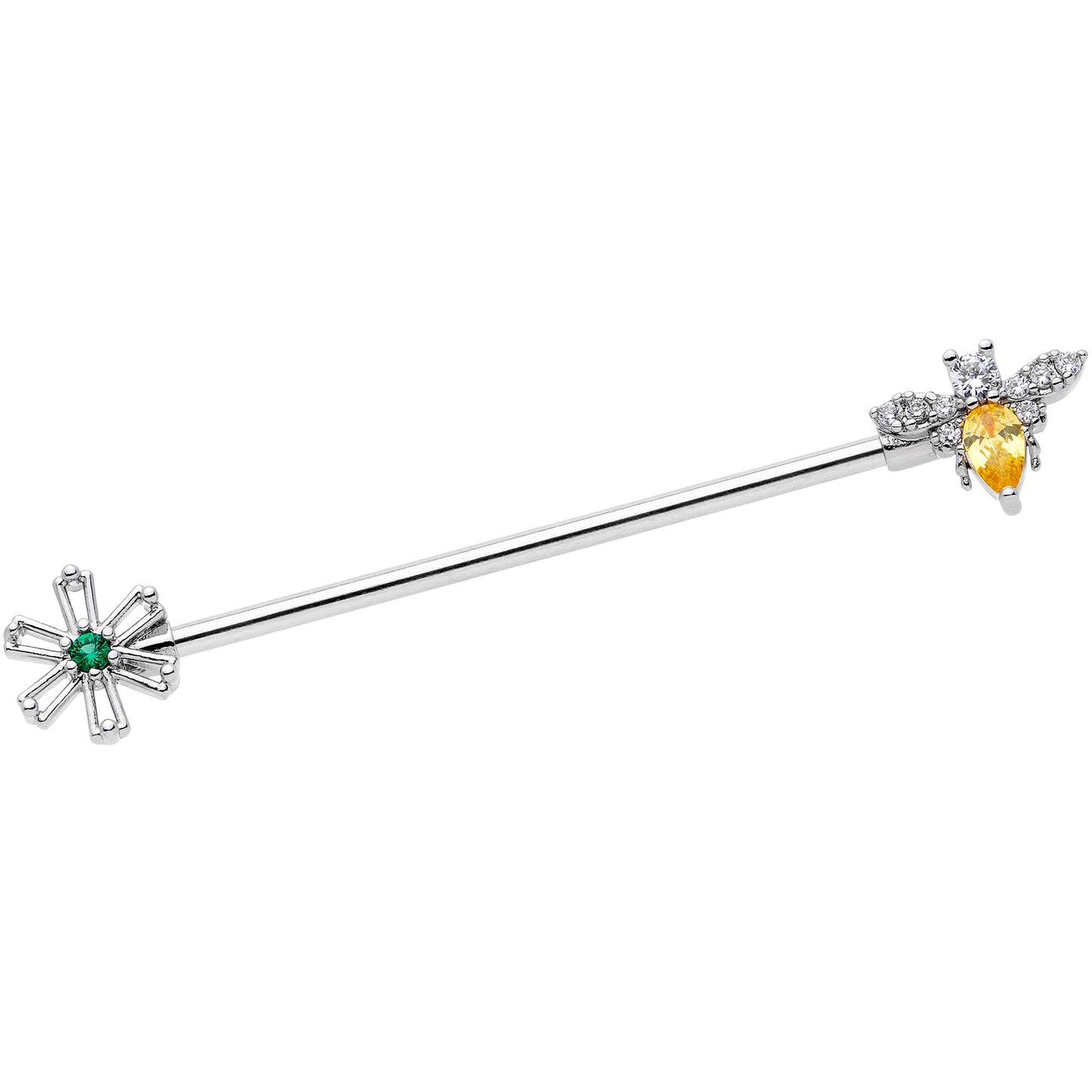 14 Gauge Clear Yellow CZ Gem Bumble Bee Flower Industrial Barbell 38mm