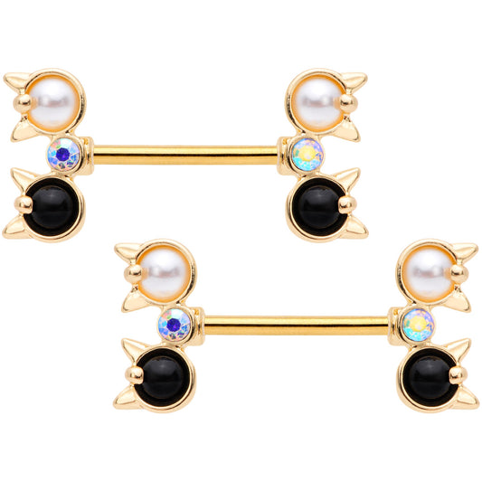 14 Gauge Black White CZ Gem Gold Tone Kitty Cat Barbell Nipple Ring Set