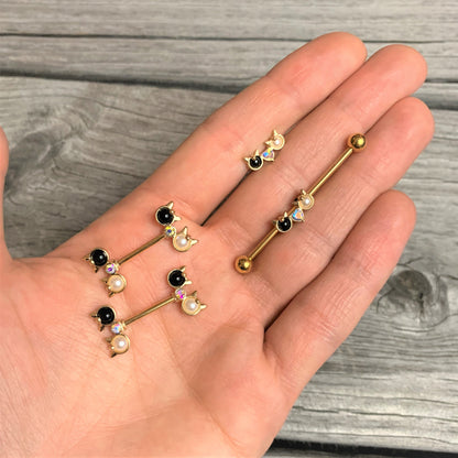 14 Gauge Black White CZ Gem Gold Tone Kitty Cat Barbell Nipple Ring Set