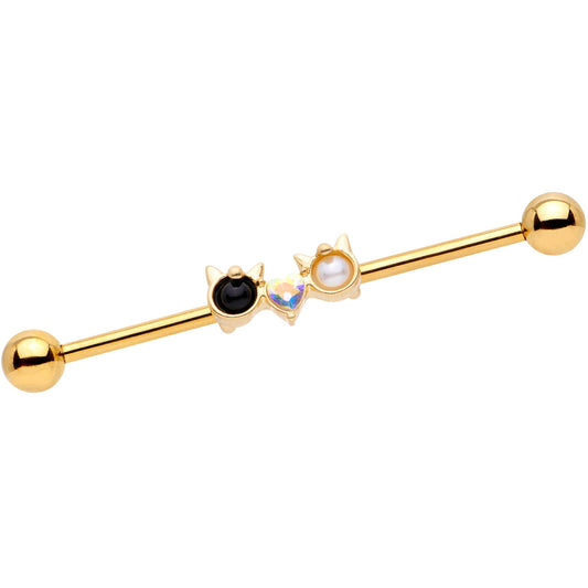 14 Gauge Black White CZ Gem Gold Tone Kitty Cat Luv Industrial Barbell 38mm