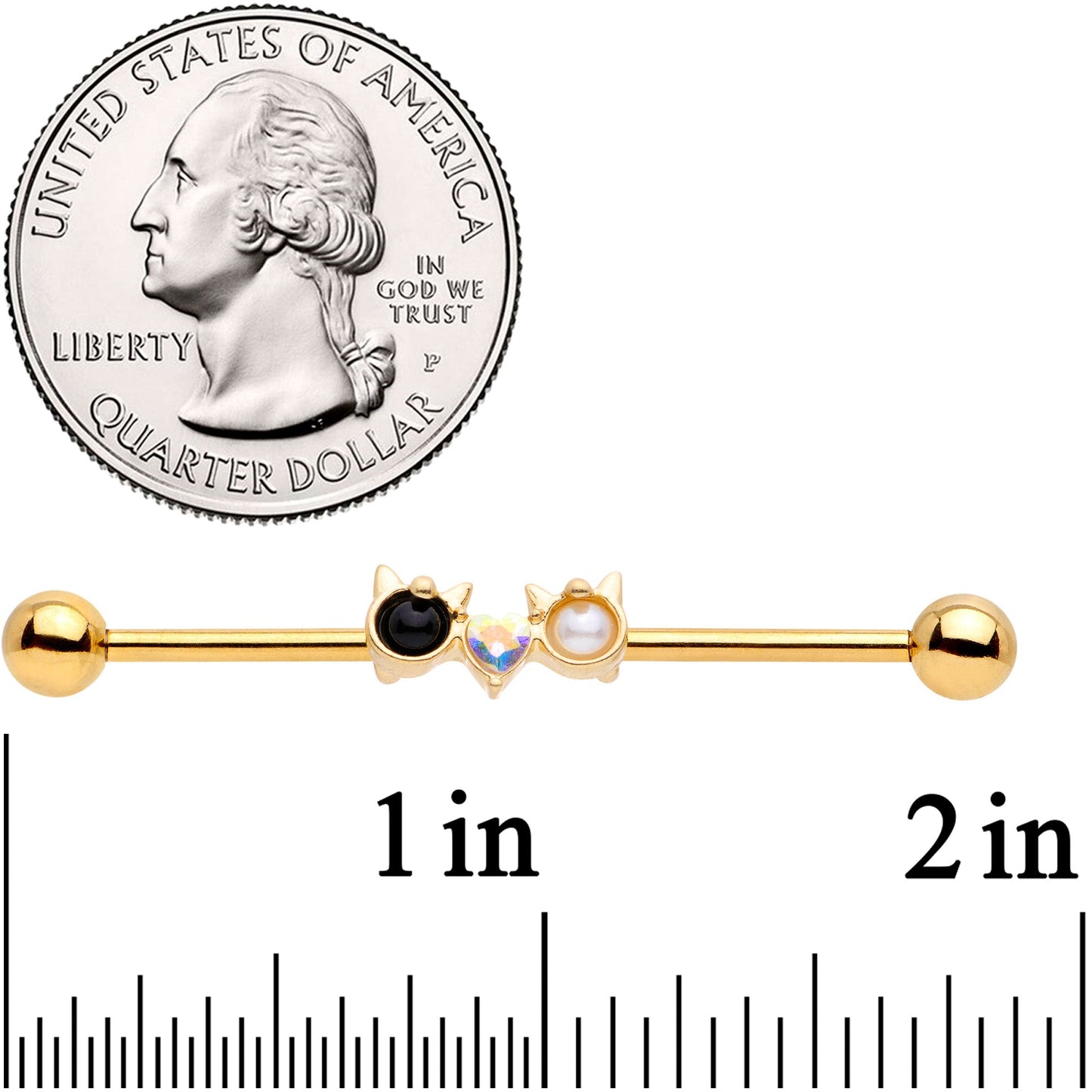 14 Gauge Black White CZ Gem Gold Tone Kitty Cat Luv Industrial Barbell 38mm