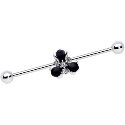 14 Gauge Clear Black Gem Abstract Flower Industrial Barbell 38mm