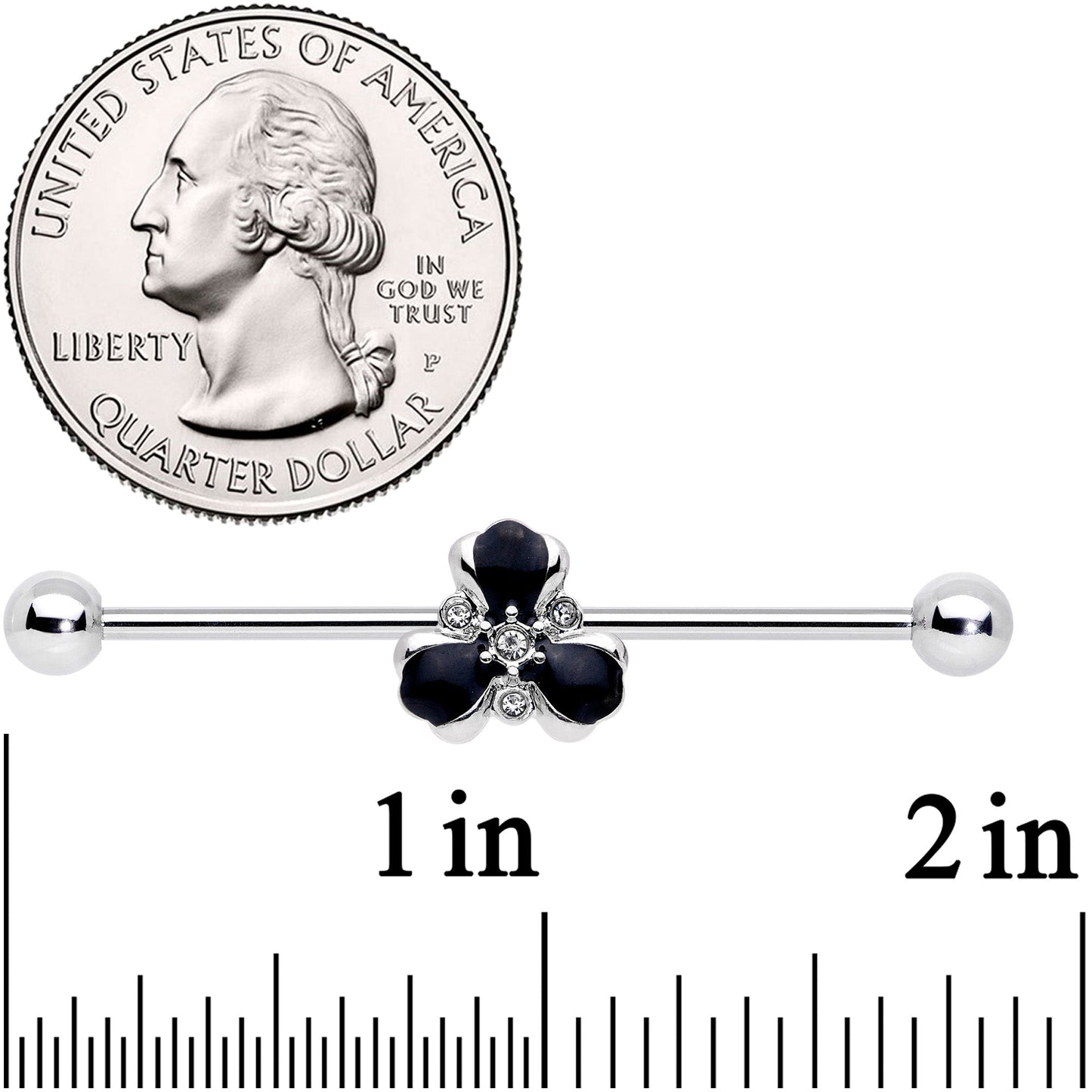 14 Gauge Clear Black Gem Abstract Flower Industrial Barbell 38mm