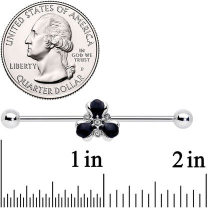 14 Gauge Clear Black Gem Abstract Flower Industrial Barbell 38mm