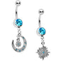 Aqua Gem Starburst Crescent Moon Dangle Belly Ring Set of 2