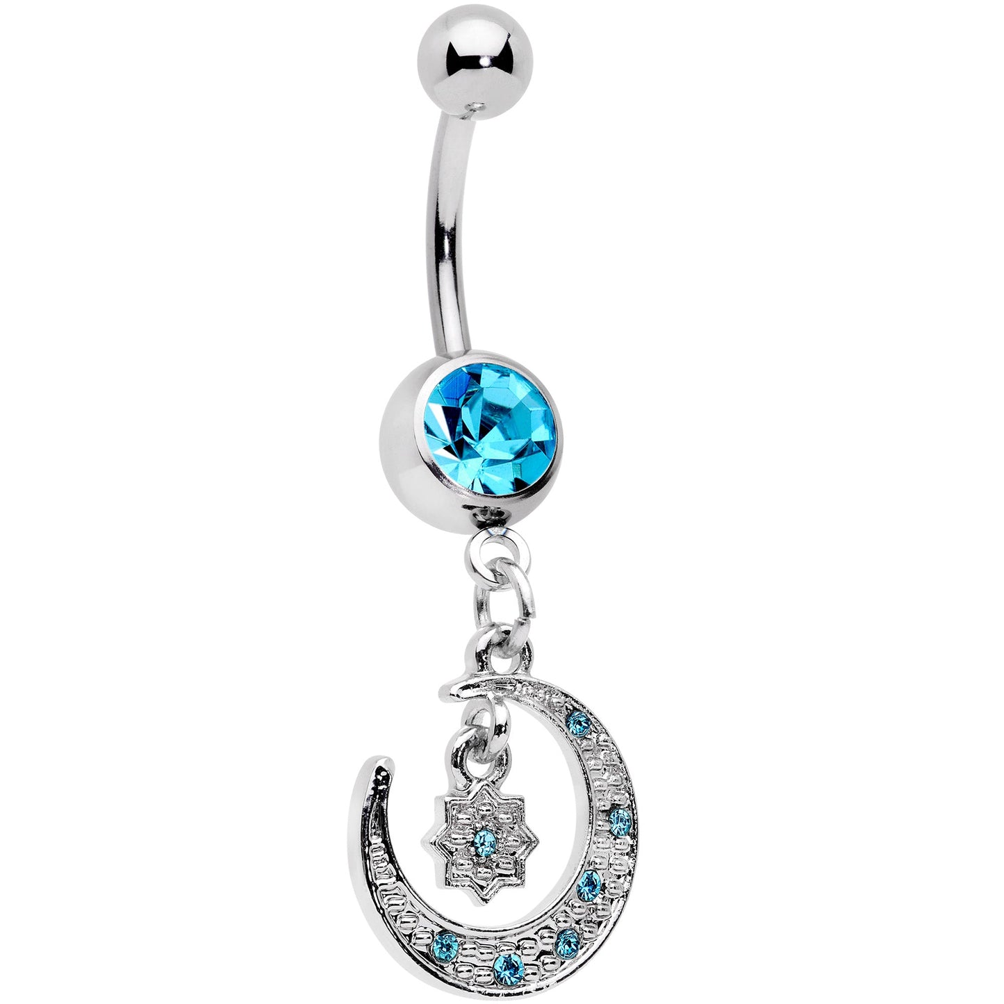 Aqua Gem Starburst Crescent Moon Dangle Belly Ring Set of 2
