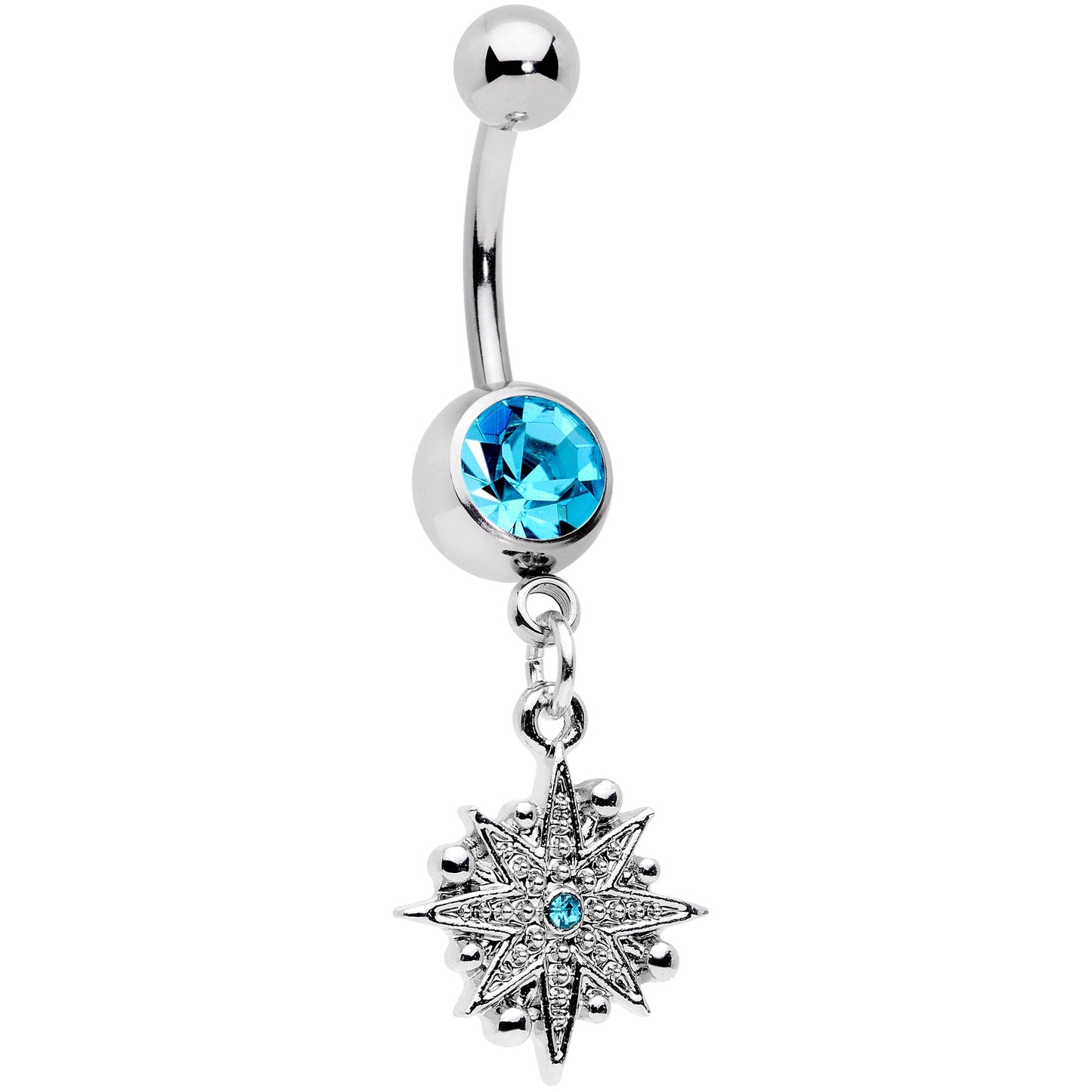 Aqua Gem Starburst Crescent Moon Dangle Belly Ring Set of 2