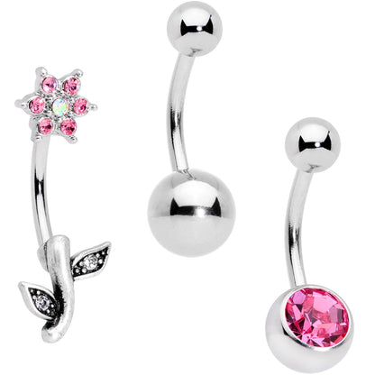 Pink Clear Gem Flower Belly Ring Set of 3
