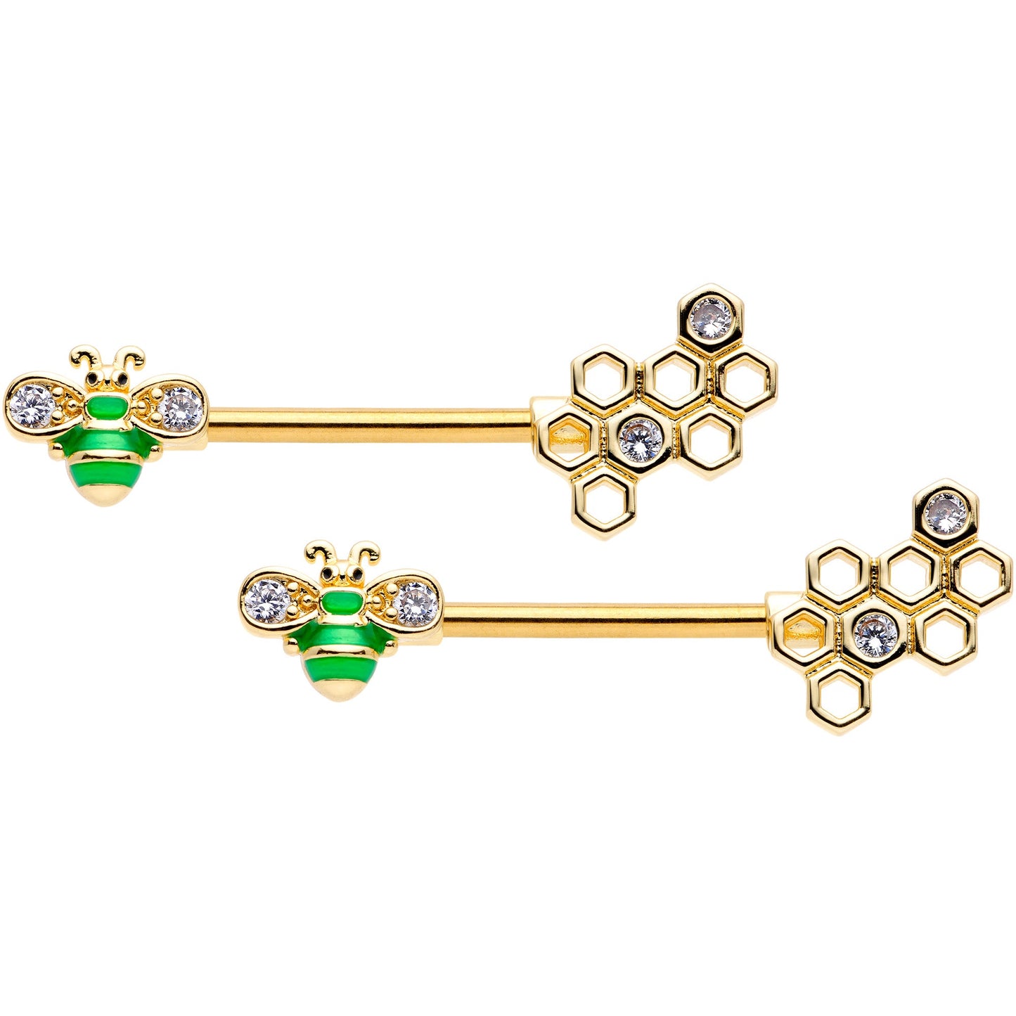 14 Gauge 9/16 Clear Gem Gold Tone Green Bee Barbell Nipple Ring Set