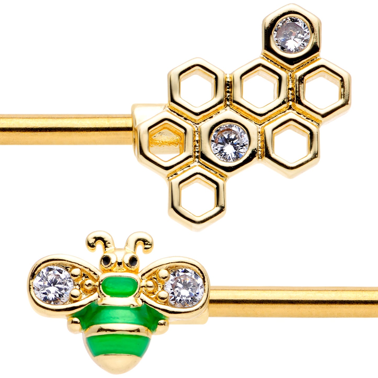 14 Gauge 9/16 Clear Gem Gold Tone Green Bee Barbell Nipple Ring Set