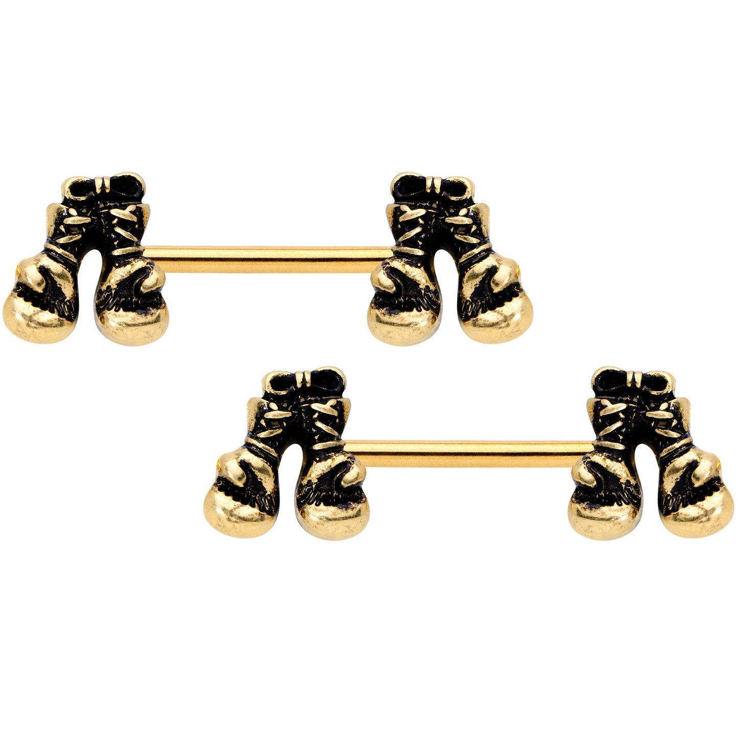 14 Gauge 9/16 Gold Tone Boxing Gloves Barbell Nipple Ring Set