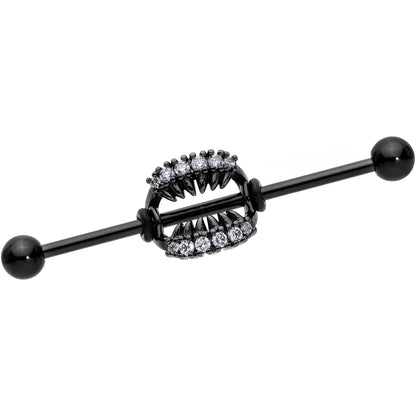 14 Gauge Clear CZ Gem Black Monster Fangs Industrial Barbell 38mm