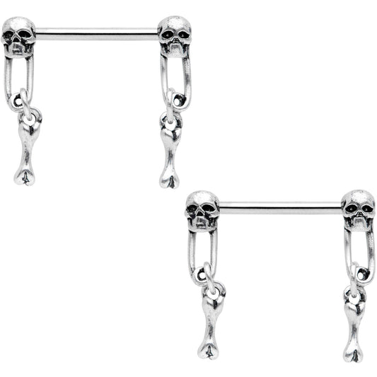 14 Gauge 9/16 Skull Safety Pin Dangle Barbell Nipple Ring Set