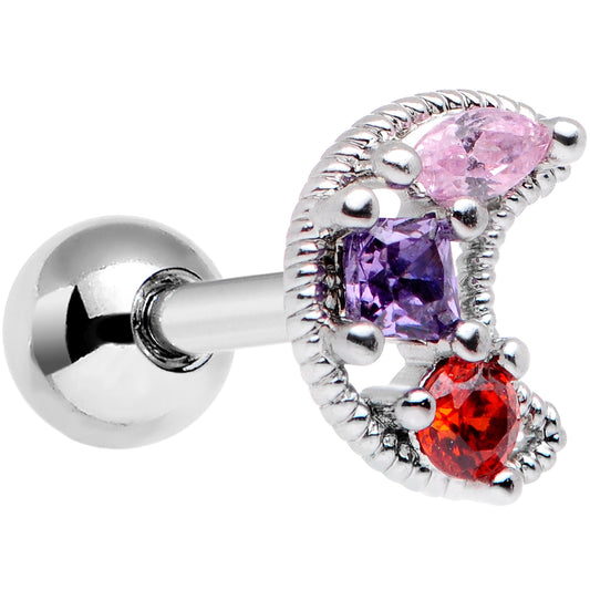 16 Gauge 1/4 Red Pink Blue CZ Gem Crescent Moon Cartilage Tragus Earring