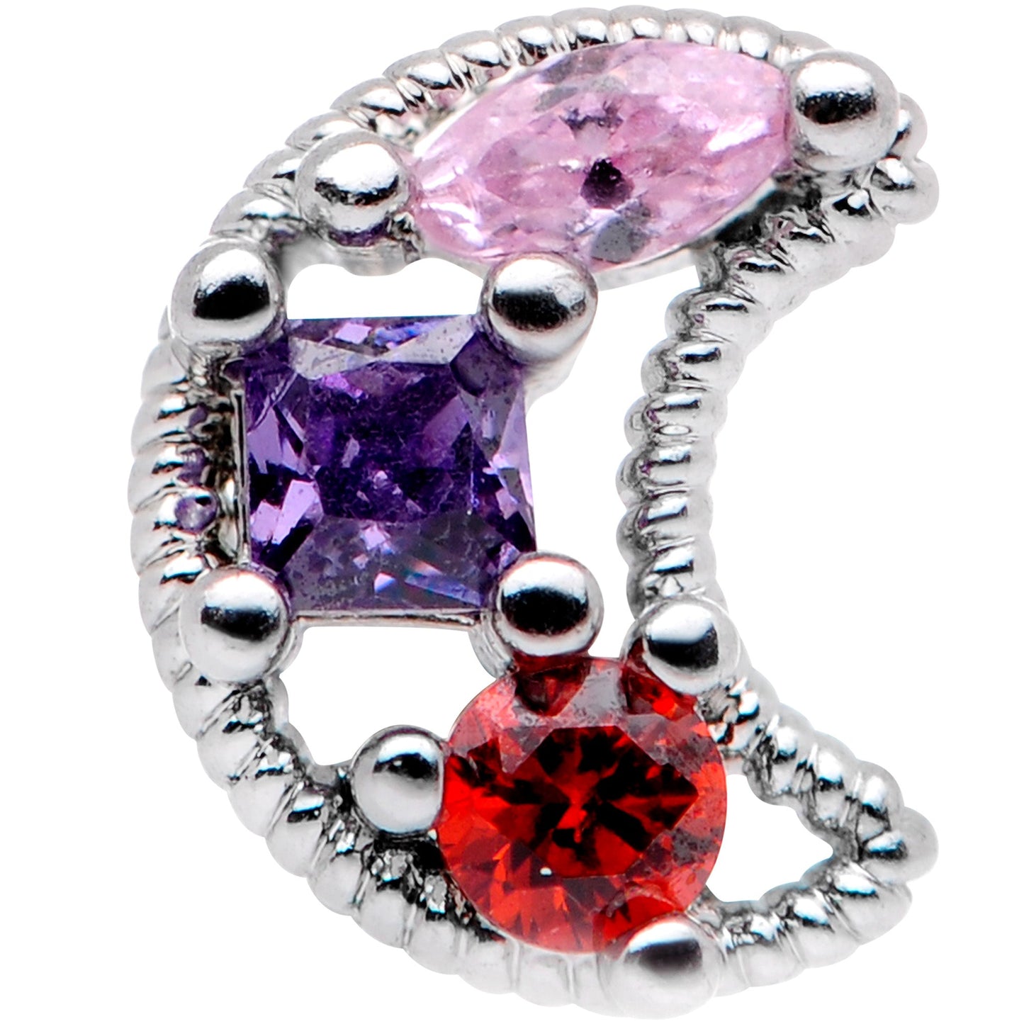 16 Gauge 1/4 Red Pink Blue CZ Gem Crescent Moon Cartilage Tragus Earring