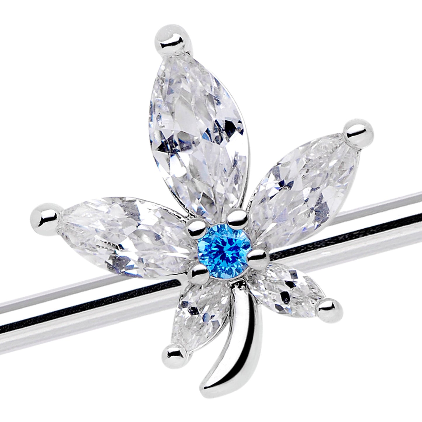 14 Gauge Clear Blue CZ Gem Marijuana Leaf Industrial Barbell 38mm