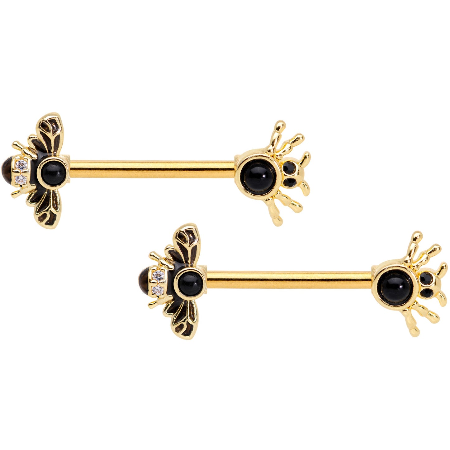 14 Gauge 9/16 Black Gem Gold Tone Bee Spider Barbell Nipple Ring Set