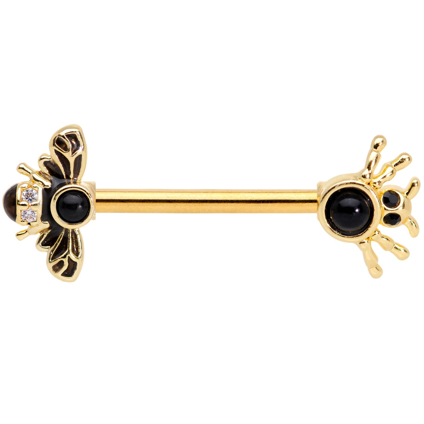 14 Gauge 9/16 Black Gem Gold Tone Bee Spider Barbell Nipple Ring Set