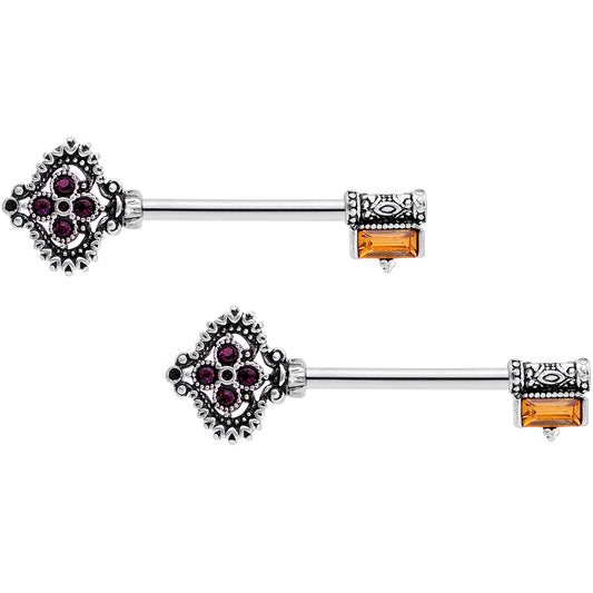 14 Gauge 9/16  Red Brown Gem Kings Key Barbell Nipple Ring Set