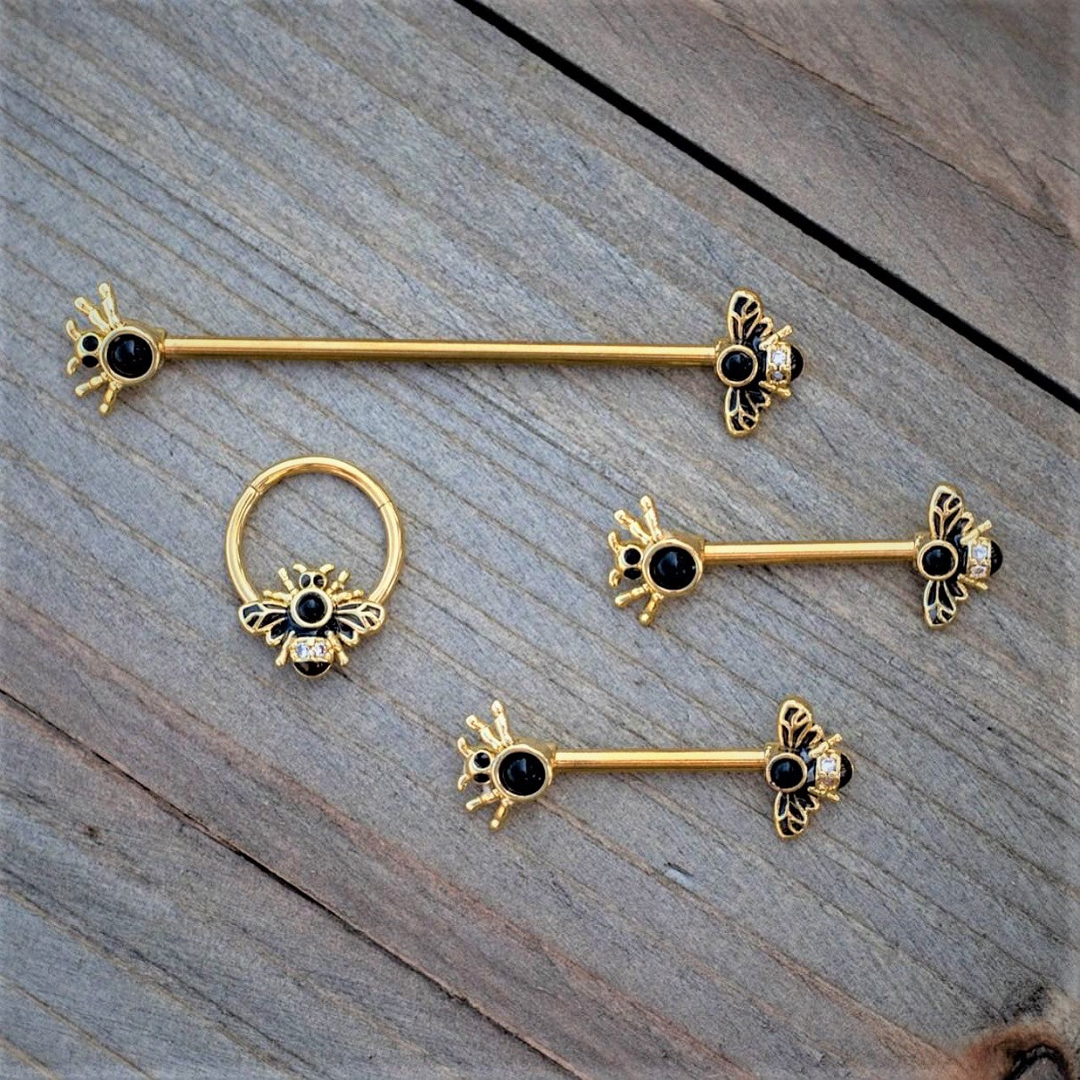 14 Gauge Clear Black Gem Gold Tone Bug Out Bee Insect Industrial Barbell 38mm