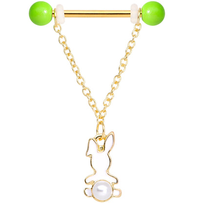 14 Gauge 9/16 Green Gem Gold Tone Bunny Dangle Barbell Nipple Ring Set