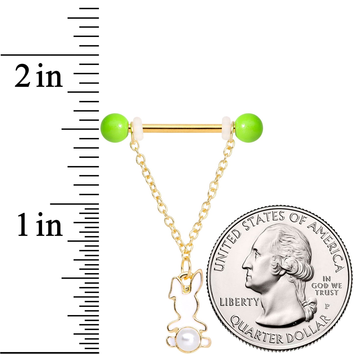 14 Gauge 9/16 Green Gem Gold Tone Bunny Dangle Barbell Nipple Ring Set