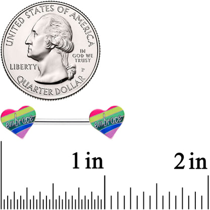 14 Gauge 5/8 Rainbow Embrace Pride Heart Barbell Nipple Ring Set