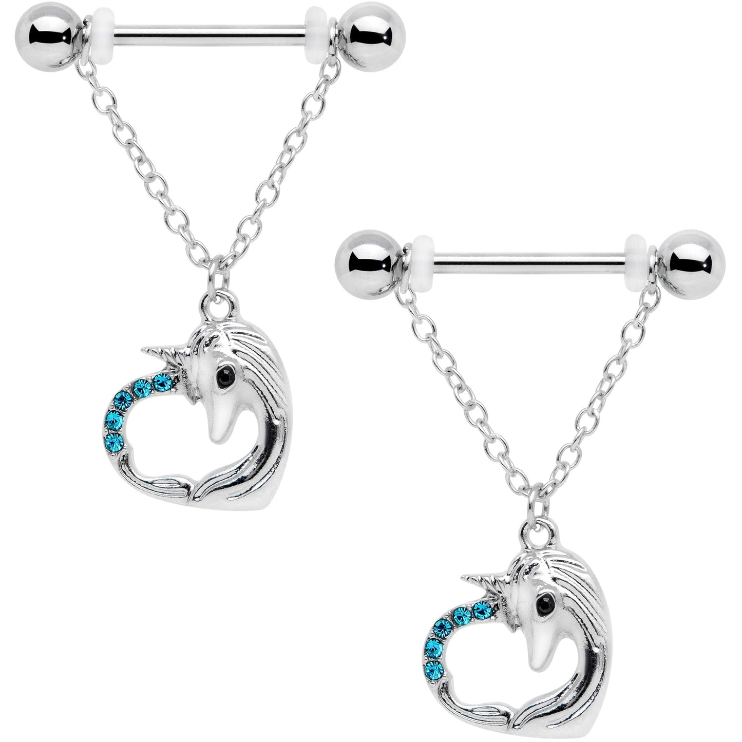 14 Gauge 5/8 Aqua Gem Unicorn Heart Dangle Barbell Nipple Ring Set