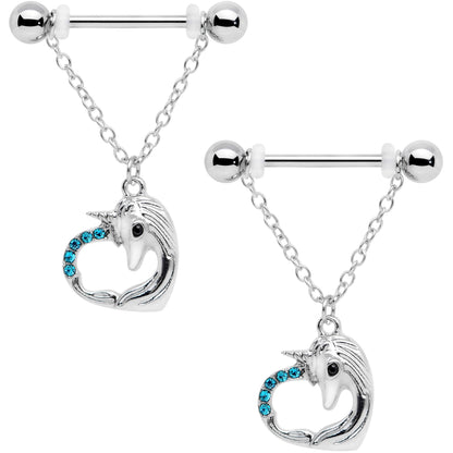 14 Gauge 5/8 Aqua Gem Unicorn Heart Dangle Barbell Nipple Ring Set